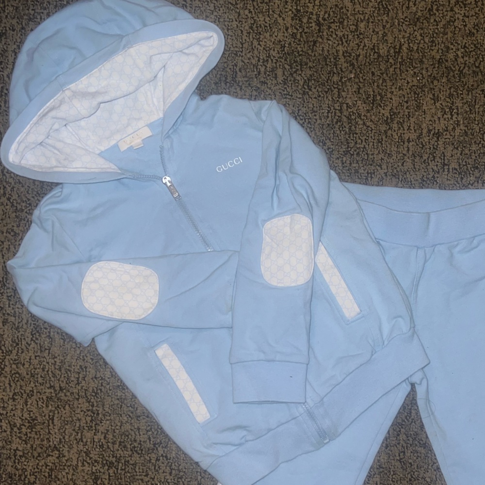 Gucci Blue Guccissima Logo Hooded Zip Sweatshirt and Jogger Set 24m